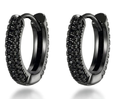 Fully Iced Rhodium Plated Pave 3D Black CZ Honey Comb Men & Women Hoop Earring